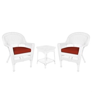 Jeco 3 Piece Wicker Conversation Set in White with Red Orange Cushions