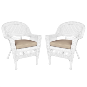 Jeco Wicker / Rattan Chair in White with Tan Cushion (Set of 2)