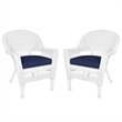 Jeco Wicker Wicker / Rattan Chair in White with Blue Cushion (Set of 2)
