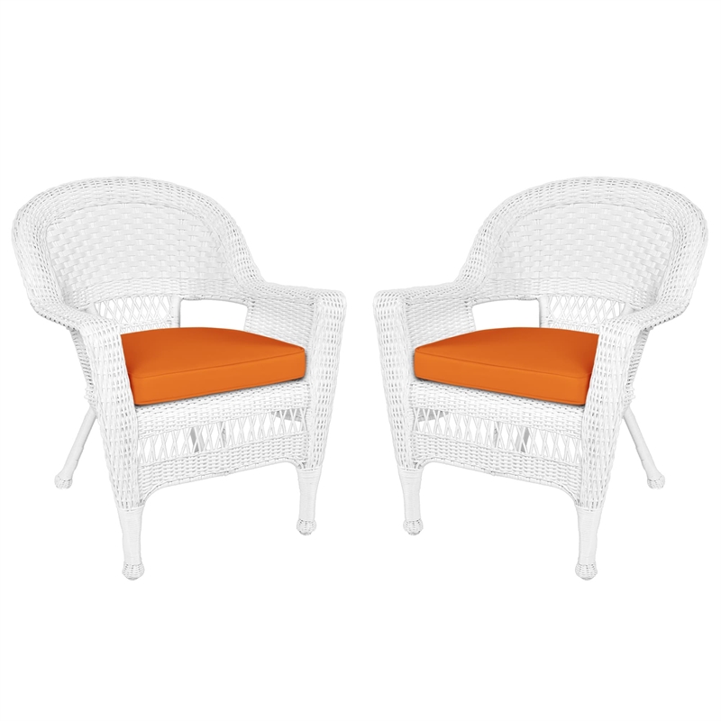 Jeco Wicker Chair in White with Orange Cushion (Set of 2)