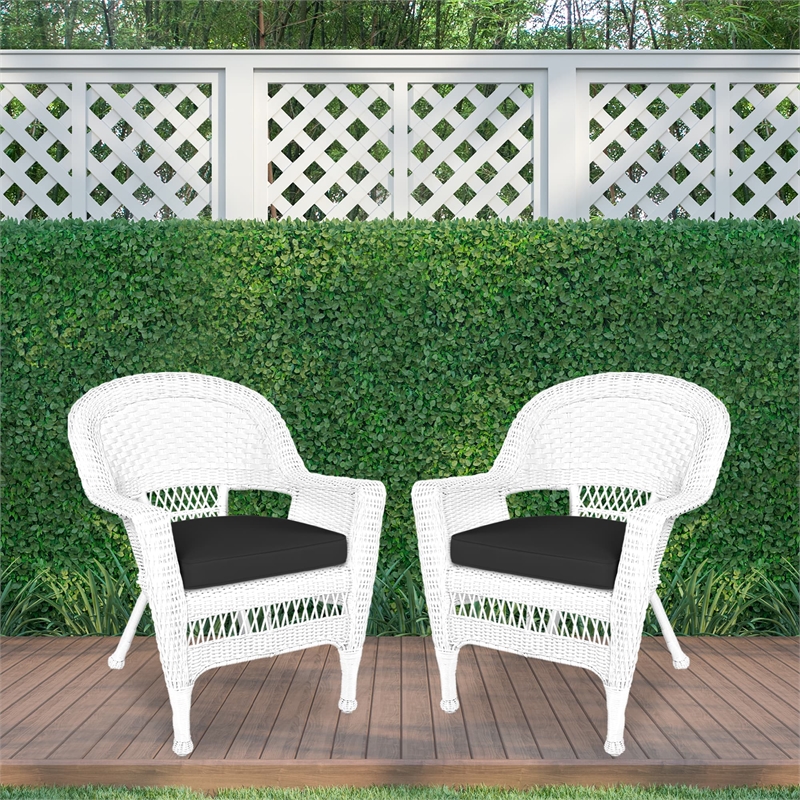 Jeco Wicker Chair in White with Black Cushion (Set of 2)