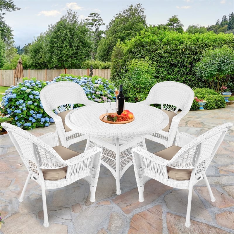 Jeco 5 Piece Resin Wicker Outdoor Patio Dining Set in White with Tan Cushion