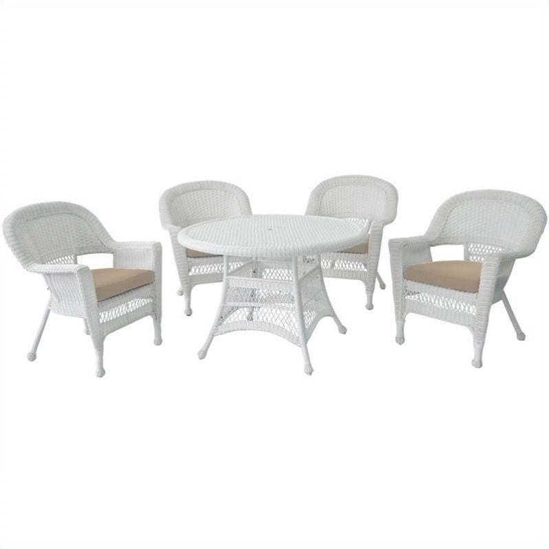 Jeco 5 Piece Resin Wicker Outdoor Patio Dining Set in White with Tan Cushion