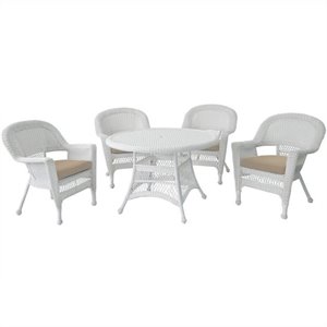 Jeco 5 Piece Resin Wicker Outdoor Patio Dining Set in White with Tan Cushion