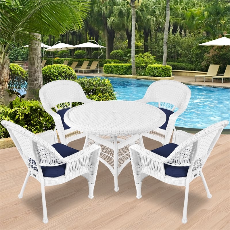 Jeco 5 Piece Resin Wicker Outdoor Patio Dining Set in White with Blue Cushion