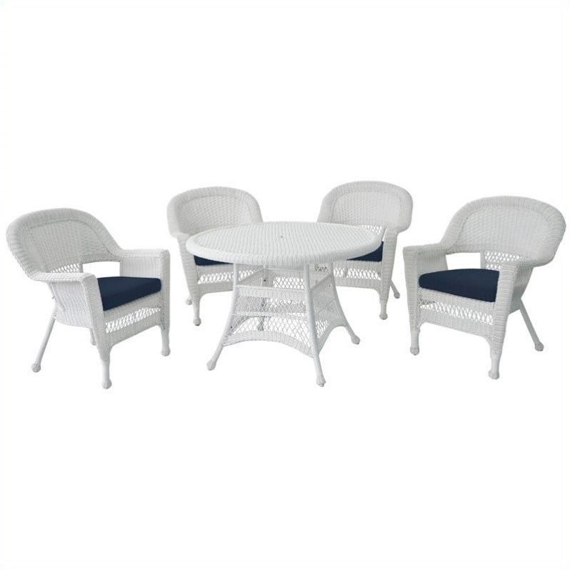 Jeco 5 Piece Resin Wicker Outdoor Patio Dining Set in White with Blue Cushion
