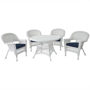 Jeco 5 Piece Resin Wicker Outdoor Patio Dining Set in White with Blue Cushion