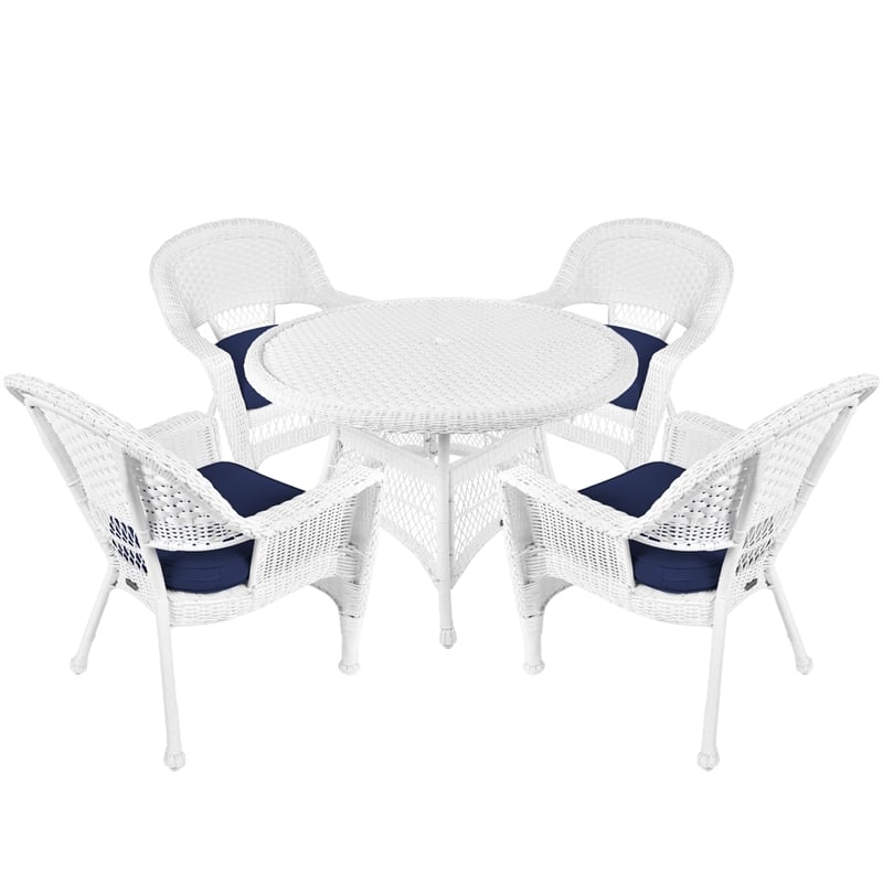 Jeco 5 Piece Resin Wicker Outdoor Patio Dining Set in White with Blue Cushion