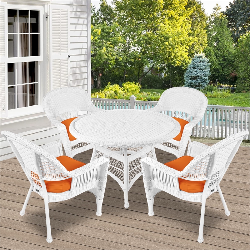 Jeco 5 Piece Resin Wicker Outdoor Patio Dining Set in White with Orange Cushion