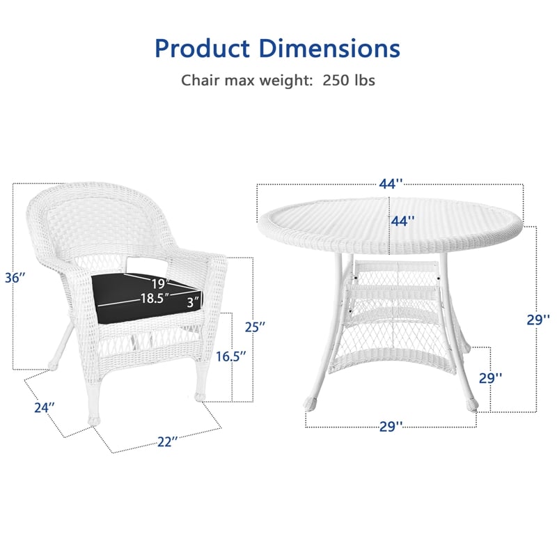 Jeco 5 Piece Resin Wicker Outdoor Patio Dining Set in White with Black Cushion