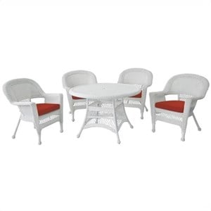 Jeco 5 Piece Resin Wicker Outdoor Patio Dining Set in White with Red Cushion