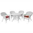 Jeco 5 Piece Resin Wicker Outdoor Patio Dining Set in White with Red Cushion