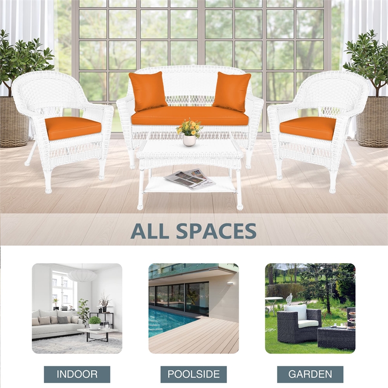 Jeco 4pc Wicker Conversation Set in White with Brick Orange Cushions