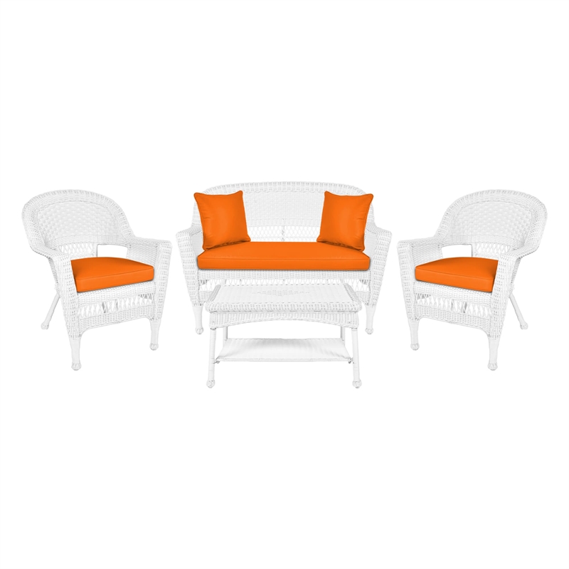Jeco 4pc Wicker Conversation Set in White with Brick Orange Cushions
