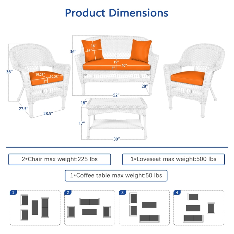 Jeco 4pc Wicker Conversation Set in White with Brick Orange Cushions