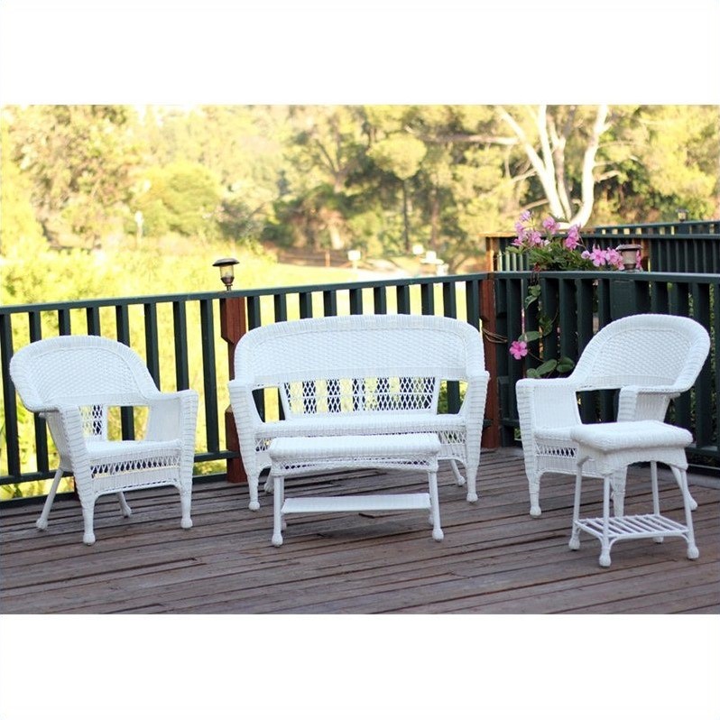 Jeco 5 Piece Resin Wicker Modern Patio Sofa Set in White