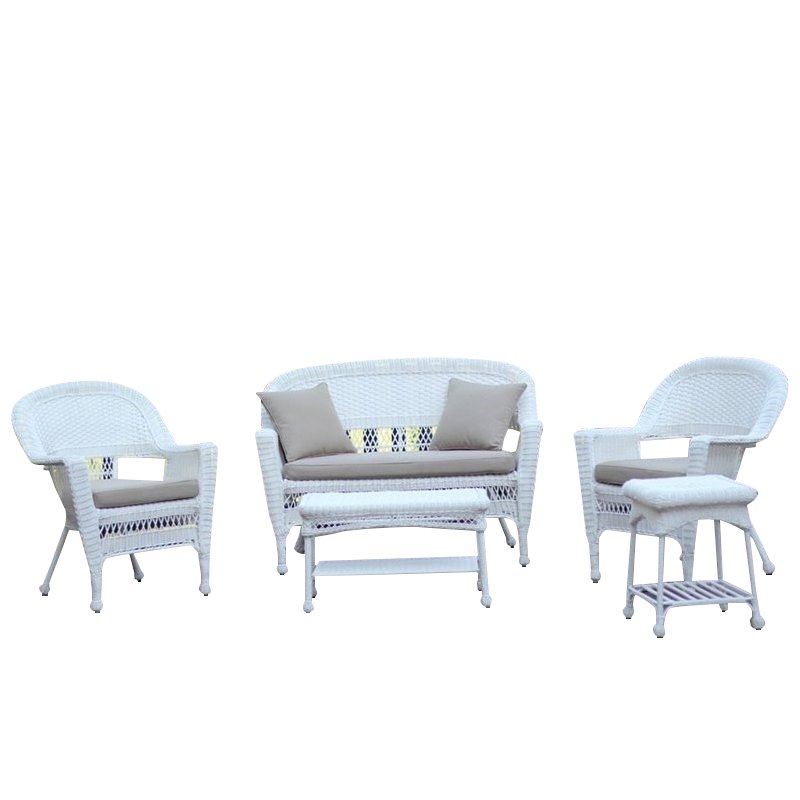 Jeco 5pc Wicker Conversation Set in White with Tan Cushions