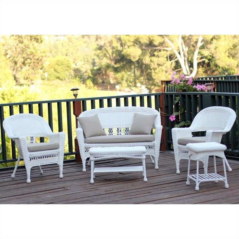 Jeco 5pc Wicker Conversation Set in White with Tan Cushions