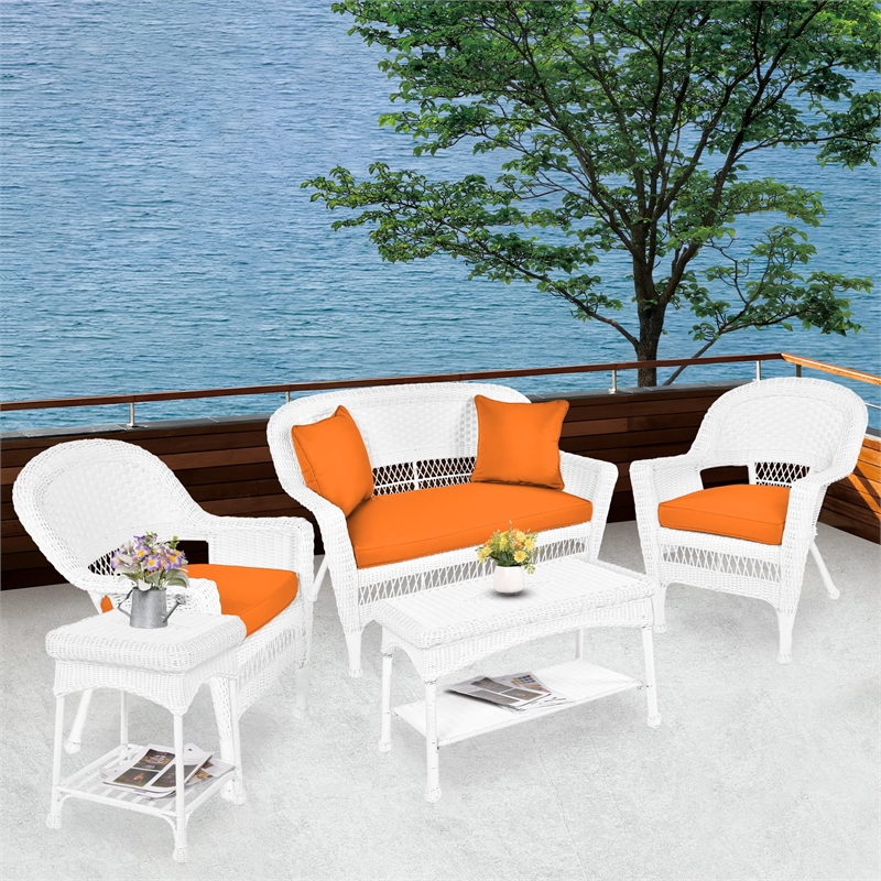 Jeco 5 Piece Resin Wicker Patio Conversation Set in White with Orange Cushions
