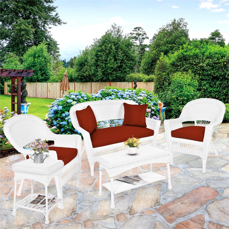 Jeco 5pc Wicker Conversation Set in White with Red Orange Cushions