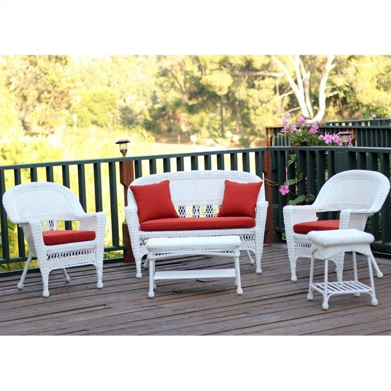 Jeco 5pc Wicker Conversation Set in White with Red Orange Cushions