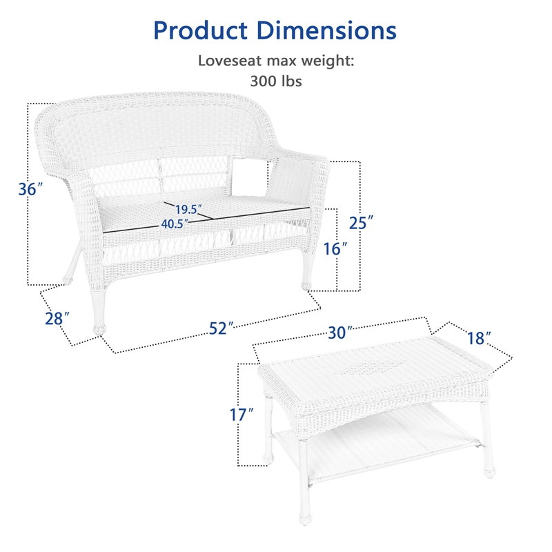 Jeco Wicker Patio Love Seat and Coffee Table Set in White without Cushion