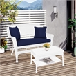 Jeco Wicker Patio Love Seat and Coffee Table Set in White with Blue Cushion