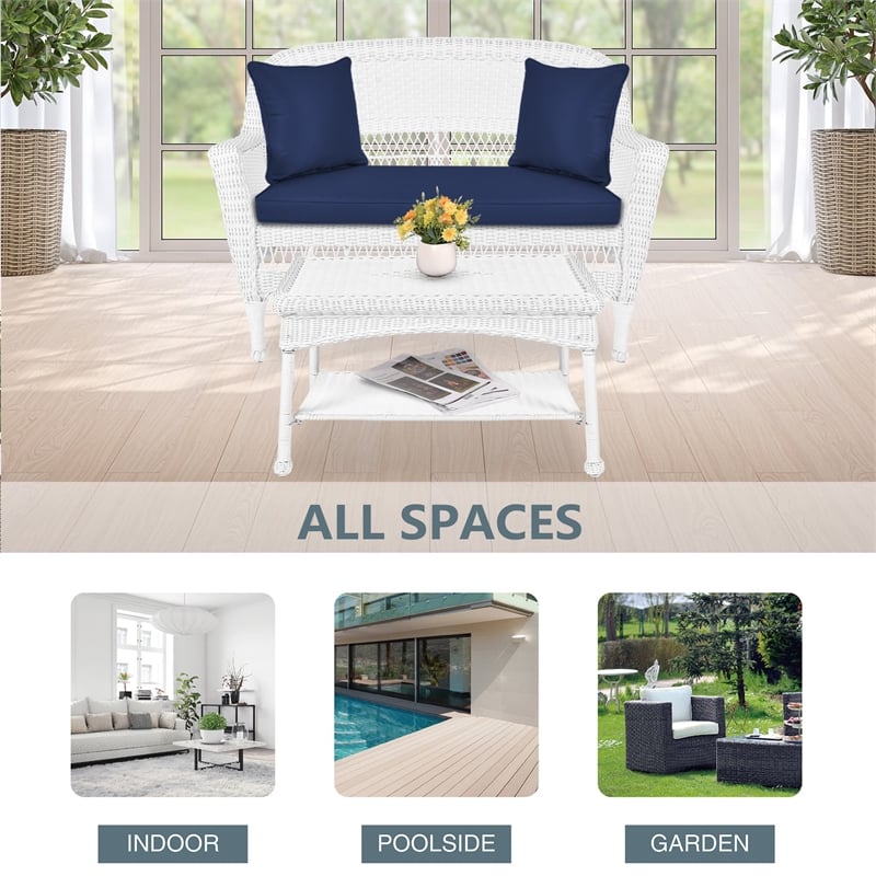 Jeco Wicker Patio Love Seat and Coffee Table Set in White with Blue Cushion