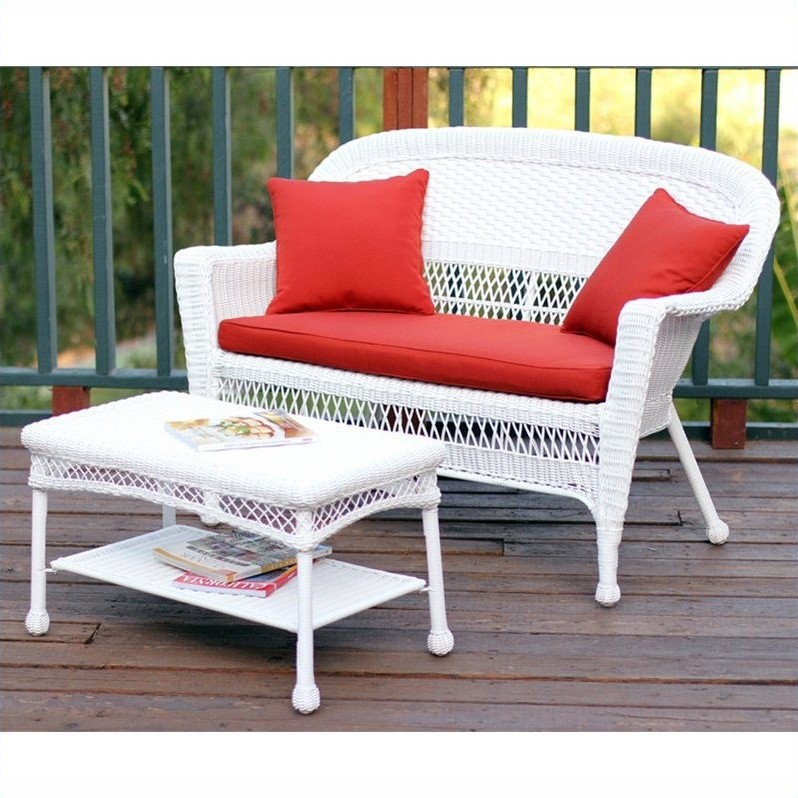 Jeco Wicker Patio Love Seat and Coffee Table Set in White
