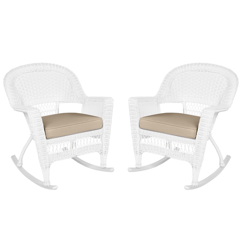 Jeco Rocker Wicker Chair in White with Tan Cushion (Set of 2)