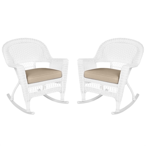 Jeco Rocker Wicker Chair in White with Tan Cushion (Set of 2)