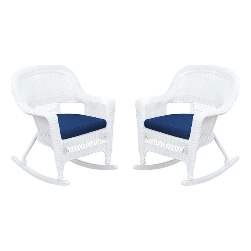 Jeco Rocker Wicker Chair in White with Blue Cushion (Set of 2)