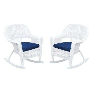 Jeco Rocker Wicker Chair in White with Blue Cushion (Set of 2)