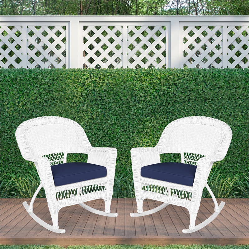 Jeco Rocker Wicker Chair in White with Blue Cushion (Set of 2)