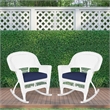 Jeco Rocker Wicker Chair in White with Blue Cushion (Set of 2)