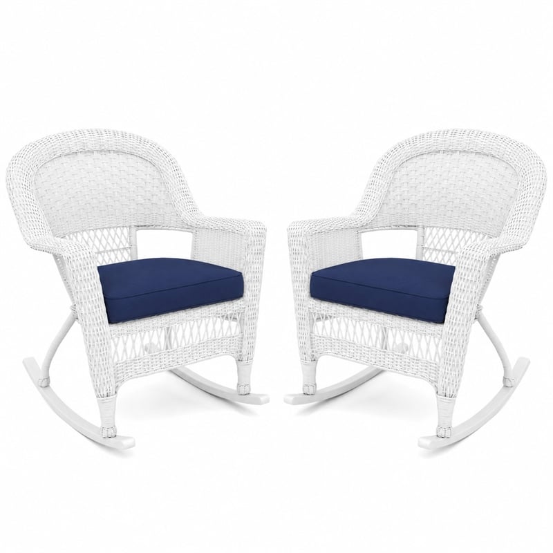 White Resin Wicker Rocking Chair with Midnight Blue Cushion- Set of 2