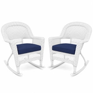 White Resin Wicker Rocking Chair with Midnight Blue Cushion- Set of 2
