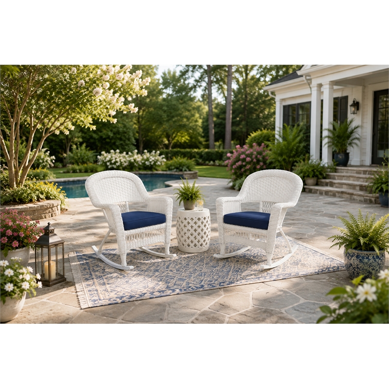 White Resin Wicker Rocking Chair with Midnight Blue Cushion- Set of 2