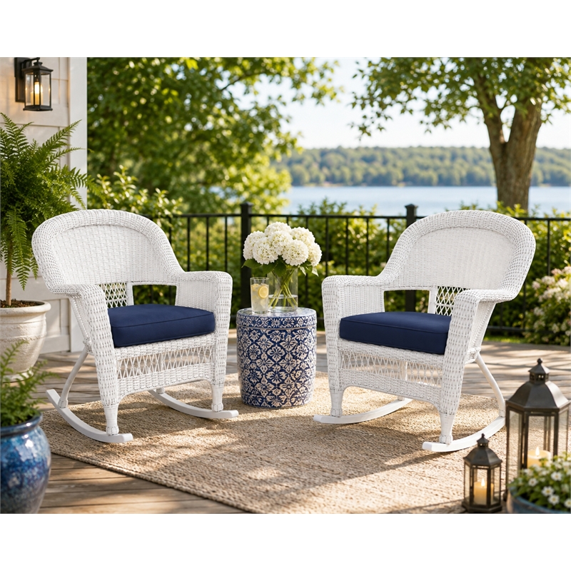 White Resin Wicker Rocking Chair with Midnight Blue Cushion- Set of 2