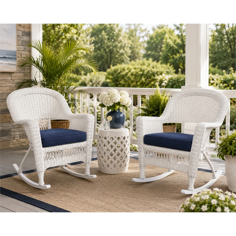 White Resin Wicker Rocking Chair with Midnight Blue Cushion- Set of 2