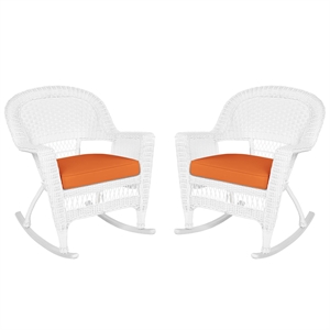 Jeco Rocker Wicker Chair in White with Orange Cushion (Set of 2)