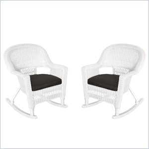 Jeco Resin Wicker Outdoor Patio Rocker Chair in White w/Black Cushion (Set of 2)
