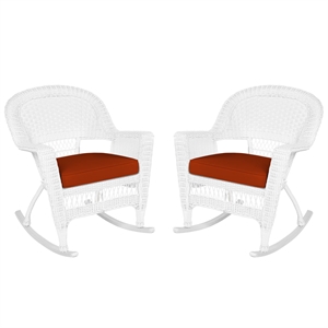 Jeco Rocker Wicker Chair in White with Red Cushion (Set of 2)