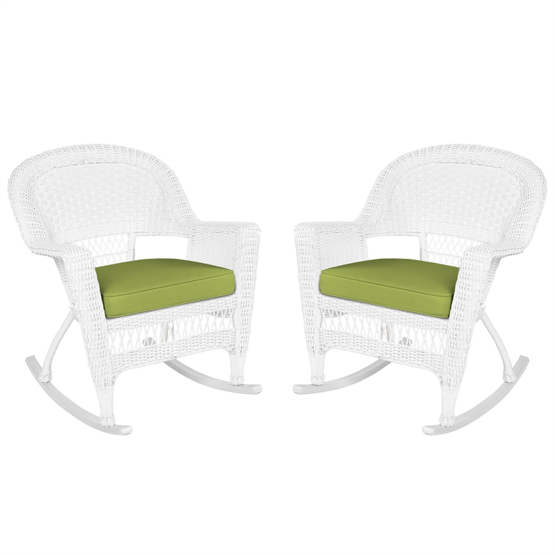 Jeco Rocker Wicker Chair in White with Green Cushion (Set of 2)