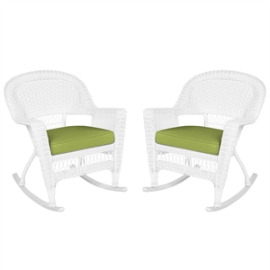 Jeco Rocker Wicker Chair in White with Green Cushion (Set of 2)
