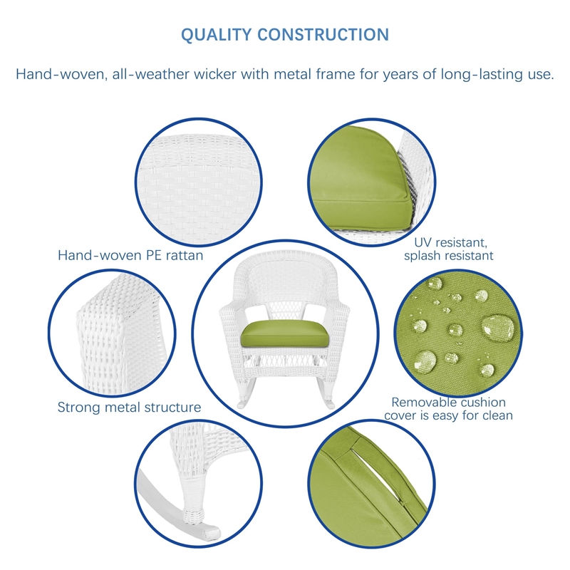 Jeco Rocker Wicker Chair in White with Green Cushion (Set of 2)