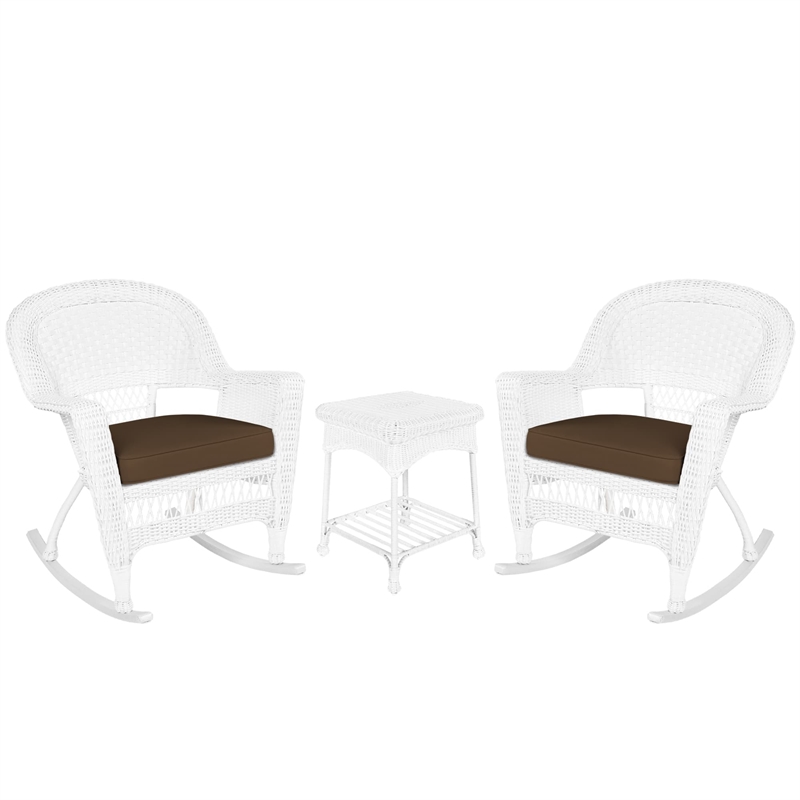 Jeco 3pc Rocker Wicker Chair Set in White with Brown Cushion