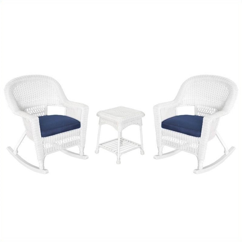 Jeco 3pc Rocker Wicker Chair Set in White with Blue Cushion