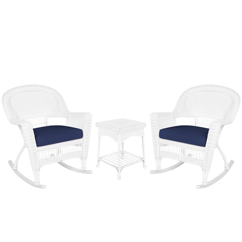 Jeco 3pc Rocker Wicker Chair Set in White with Blue Cushion