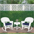 Jeco 3pc Rocker Wicker Chair Set in White with Blue Cushion